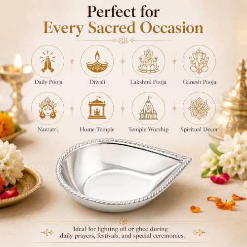 Image of 925 Sterling Silver Diya Ghee Vilakku Lamp for Pooja, Handcrafted Silver Pooja Item for Home Temple, Lakshmi Puja, Navratri, Diwali, Wedding, Housewarming, Annaprashan & Return Gift