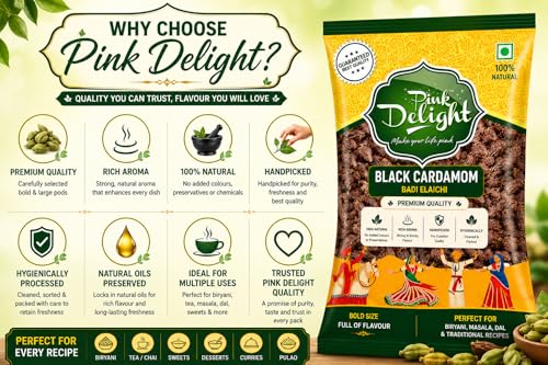 Image of Pink Delight Black Cardamom (Badi Elaichi) 20 g | Premium Bold Black Elaichi Pods | Strong Smoky Aroma for Biryani, Dal, Garam Masala & Tea | Natural Whole Spices Hygienically Packed