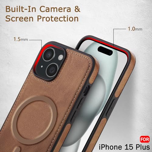 Image of TheGiftKart Genuine Leather Finish Back Cover Case for iPhone 15 Plus | Shockproof Design | Raised Edges for Camera & Screen Protection | Stunning Minimalist Design Case (MagSafe Compatible, Brown)