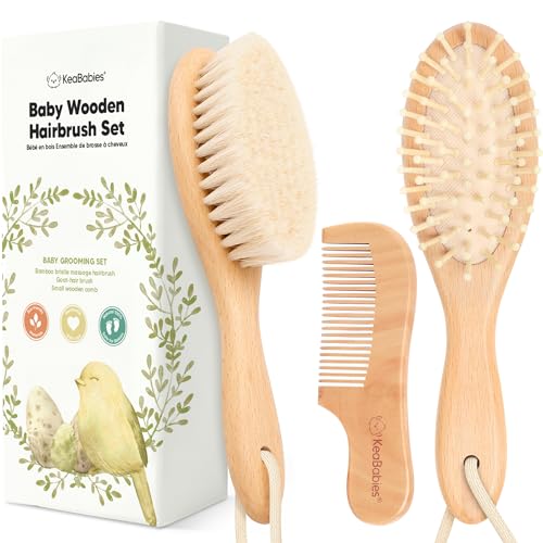 Baby Hair Brush and Comb Set for Newborn – Wooden Baby Hair Brush Set with Soft Goat Bristle, Baby Brush Set for Newborns Baby Brush and Comb Set Girl, Boy, Toddler Cradle Cap Brush (Oval, Walnut)