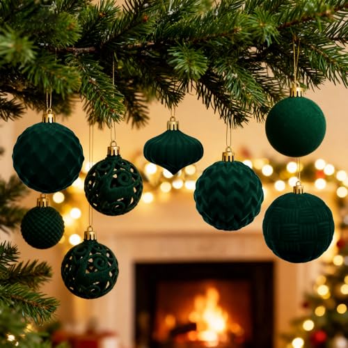 Artmag Velvet Christmas Ball Ornaments Set - 46pcs Shatterproof Plastic Flocked Christmas Tree Balls Assorted Sizes for Holiday Decor Decoration (Dark Green) by Artmag - Image 4
