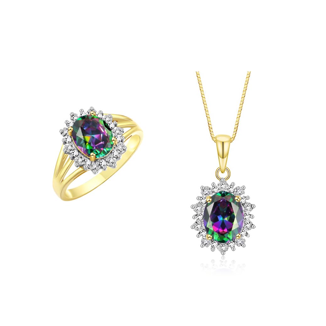 Rylos Women's Yellow Gold Plated Silver Princess Diana Ring &amp; Pendant Set. Gemstone &amp; Diamonds, 9X7MM Birthstone. Matching Friendship Jewelry, Sizes 5-10.