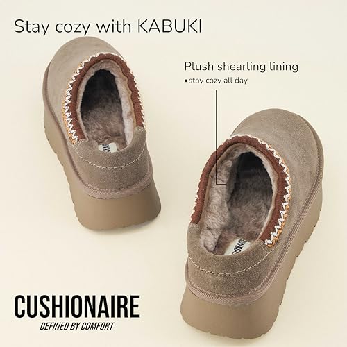 Image of CUSHIONAIRE Kabuki Platform Boots Genuine Suede Fuzzy Mule Slippers for Women with Memory Foam | Indoor /Outdoor Womens Slippers | Wide Widths Available
