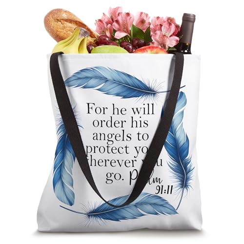 Bolsa Tote Azul con versículo bíblico Salmo 91:11 miniatura 4