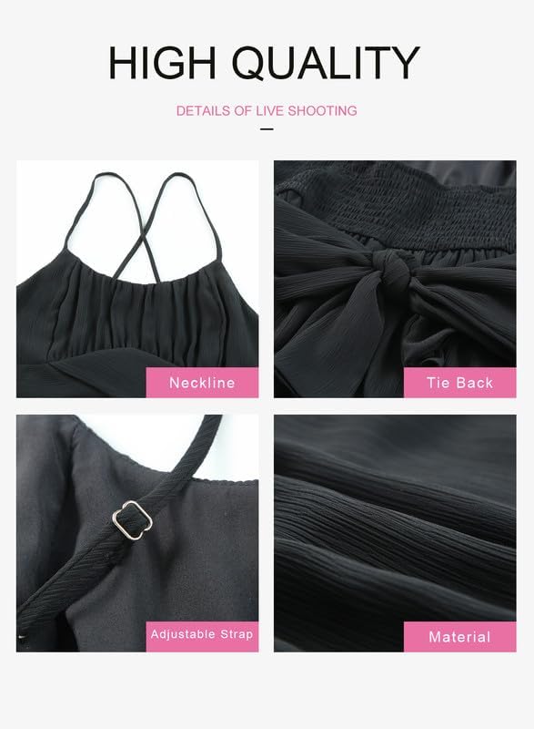 Miniatura 5 de Dokotoo Vestidos de tirantes delgados para mujer, cuello redondo, lazo, sin mangas, cintura elástica, dobladillo con volantes, acampanado