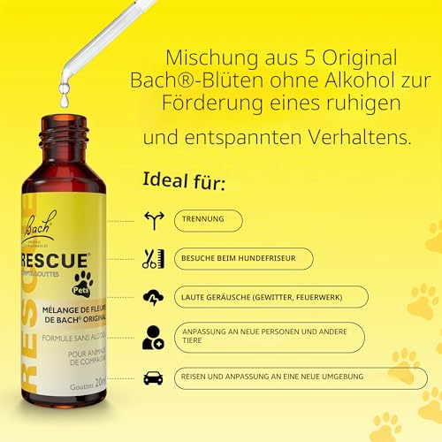 RESCUE PETS – Tropfer – Gelassenheit für Haustiere – Ideal für Reisen, Tierarztbesuch, Fellpflege, Lärm und Einsamkeit – ohne Alkohol, natürlich und vegan – Flasche 20 ml