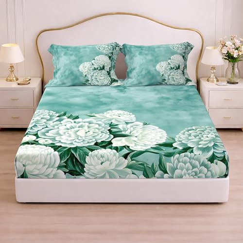 Image of Cloth Fusion Glace Cotton Elastic Fitted Bedsheet King Size with 2 Pillow Covers (78X72 inches, Teal Green)