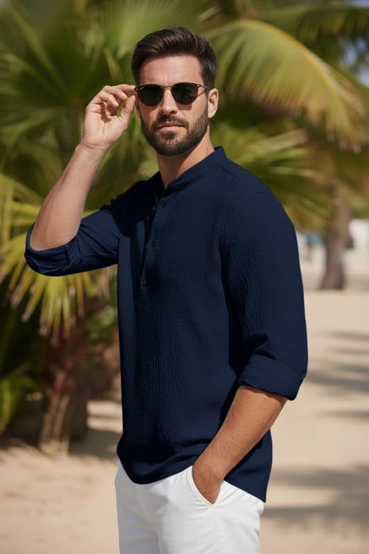 Image of Men's Cotton Blend Short Kurta with Collared Neck Full Sleeves Solid Pattern Western Style Regular Fit and Standard Length