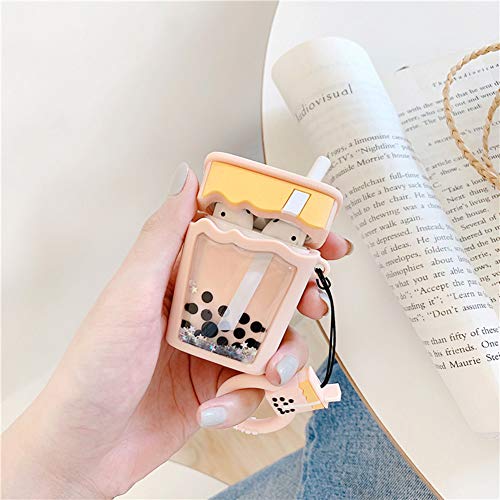 Iplus 3D Liquid Cartoon Airpods Case, Super Cute Bling Bubble Tea Shiny Sparkle Quicksand Cover, Soft Silicone Protective Airpods 1 & 2 Stand Mini Bag With Finger Loop (Bubble Tea) #TOP1