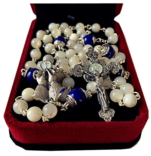 elegantmedical Handmade Sterling 925 Silver Nice Moonlight Mother of Pearl Lapis Lazuli Bead Rosary Catholic Necklace Cross