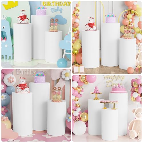 Image of Putros Cylinder Pedestal Covers White 3Pcs Spandex Cylinder Plinth Stand Cover for Party Wedding Props Event Decor