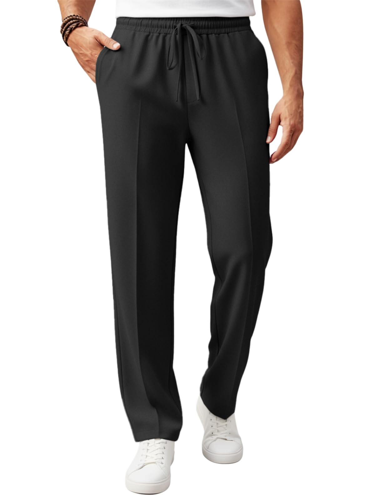Runcati Mens Casual Pants Drawstring Elastic Waist Sweatpants Pleated Slacks Lightweight Loose Fit Summer Beach Trousers