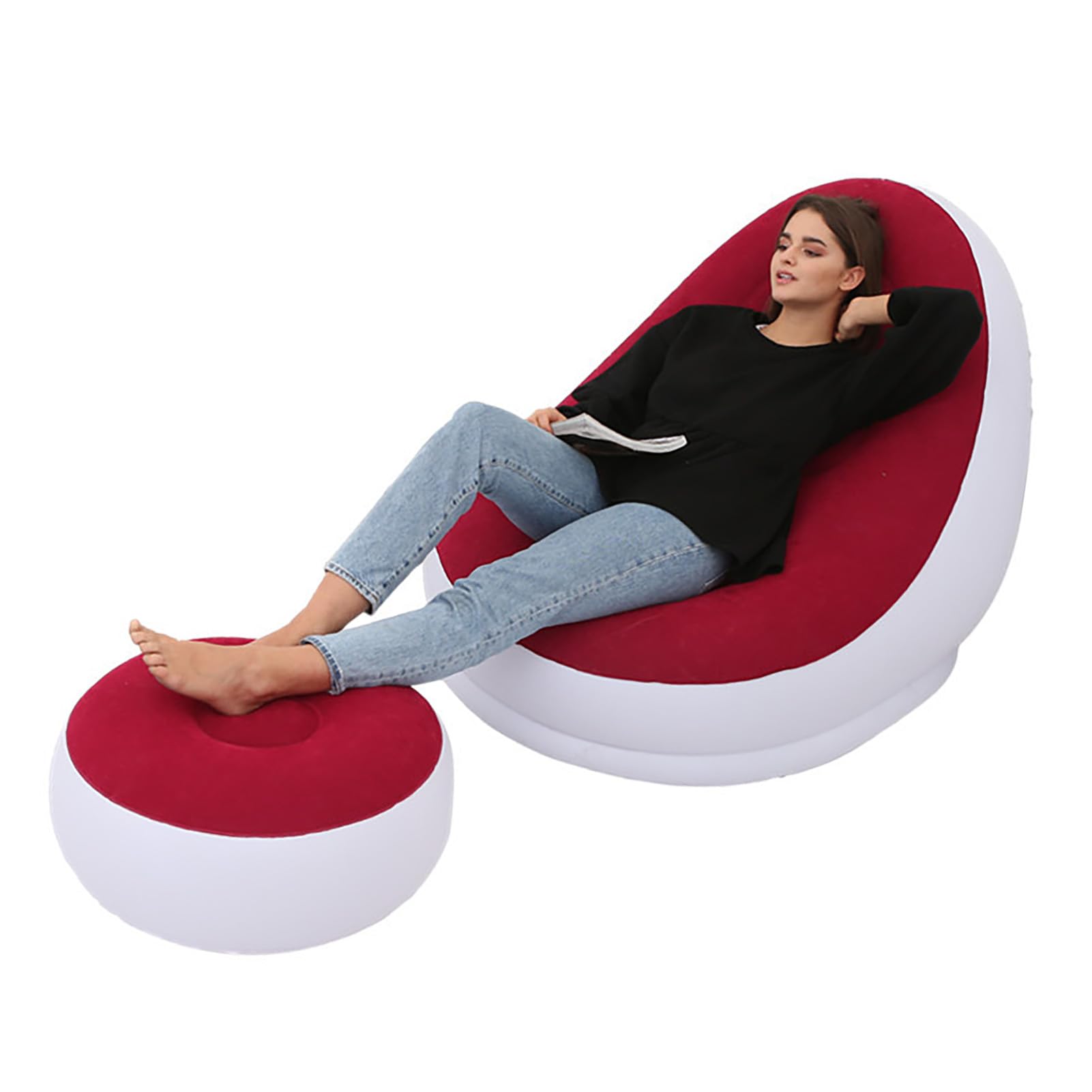 Chaise Gonflable Gonflable, Chaise Longue Gonflable avec Pouf pour Le Camping, Les Jeux, la Pause déjeuner, la fête dans Le Jardin, Profitez d'un Bain de Soleil (Rouge)