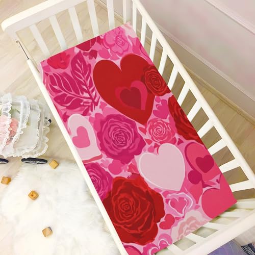 Image of Crib Sheet Breathable Soft Crib Mattress Sheet for Baby Toddler Boys Girls Fitted Crib Sheet Fit Standard Crib Mattress 52 x 28 Inch Pink Love and Rose Valentine