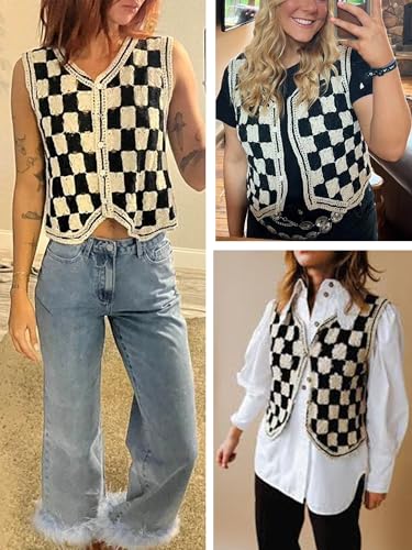 Image of Women's Crochet Button Up Sweater Vest Casual 2025 Checkered Knit Embroidered Cropped Cardigan Sleeveless Trendy Tops