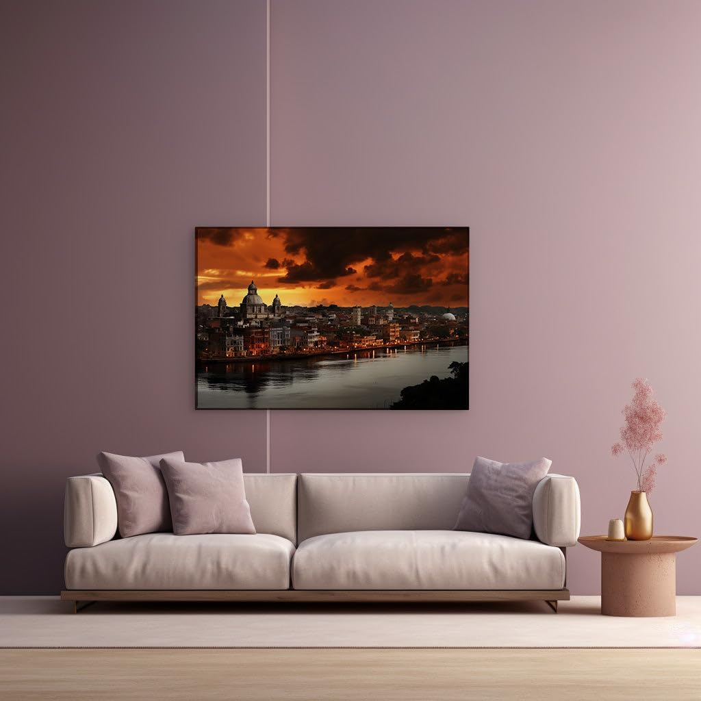 Canvas for Living room. Dusk Over The River: Urban Glow Amidst Twilight Shadows, 27 x 18 inch Canvas Wall Art - Ready to Hang