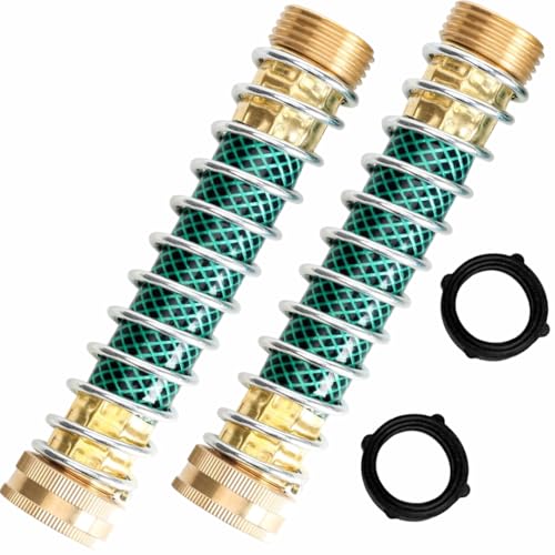 Hose Extension Adapter 2-Pack 3/4 Solid Brass Garden Hose Kink Protector with Coil Spring Flexible Faucet Connector for Leak-Free Watering 2 Extra Rubber Washers