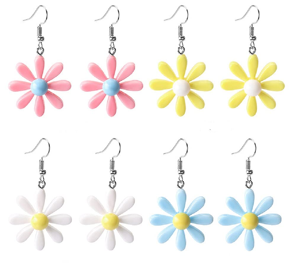 TianDe4 Pair Daisy Flower Acrylic Dangle Earring Set Cute Sun Flower Pendant Earrings for Women Girls Wild Lily Petals Hawaii Plant Earrings