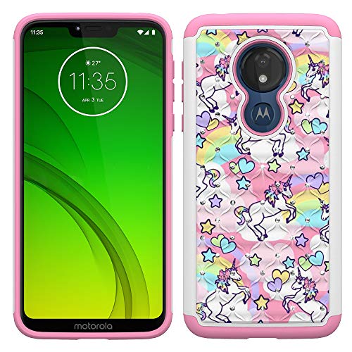 Moto G7 Power Case, Motorola G7 Power Case For Girls Women, Rainbow Unicorn Design Heavy Duty Shockproof Studded Rhinestone Crystal Bling Hybrid Case Silicone Armor For Motorola Moto G7 Power #TOP1