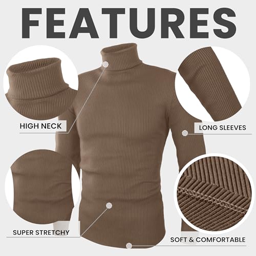 NY Threads Men's Ribbed Turtleneck Slim Fit Pullover Casual Long Sleeves Basic Top, Large, Khaki