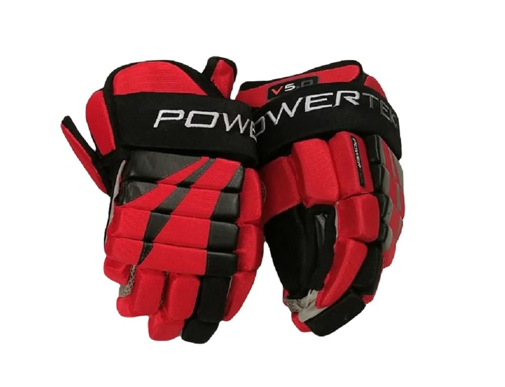 PowerTek V5.0 Tek Youth Ice Hockey Gloves, Flexible Full Motion Cuff (Red/Black, 10