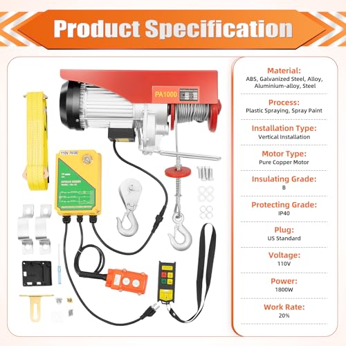 Electric Hoist with Remote Control (3ft),2200lbs Material Handling Tool,110V Electric Winch with Wireless Remote Control (328ft),10m/32.8ft/min (2200lbs)