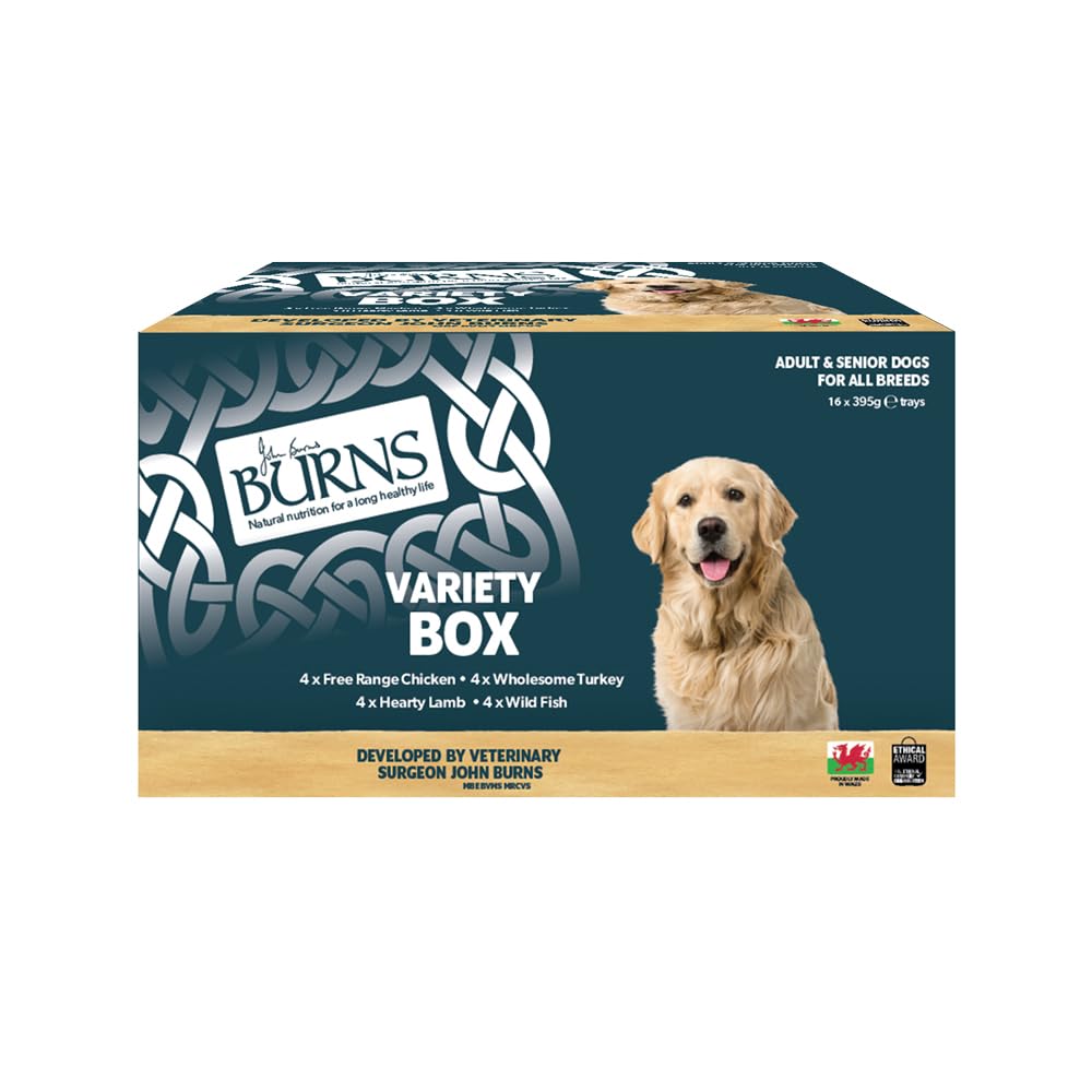Burns Pet Nutrition Natural Wet Dog Food For Adult and Senior Dogs – 16 x 395g Variety Box (4 x Free-range chicken, 4 x Hearty Lamb, 4 x Wholesome Turkey, 4 x Fish)