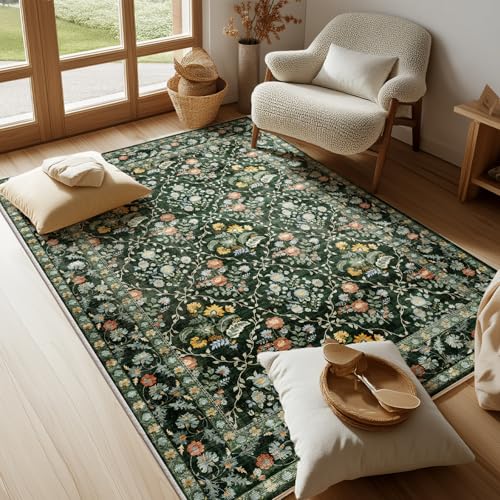 Image of Vintage Botanical Dark Green Area Rug 4x6 Elegant Floral Pattern, Durable Stain-Resistant Fabric, Perfect for Living Room, Bedroom, Dining Room Decor