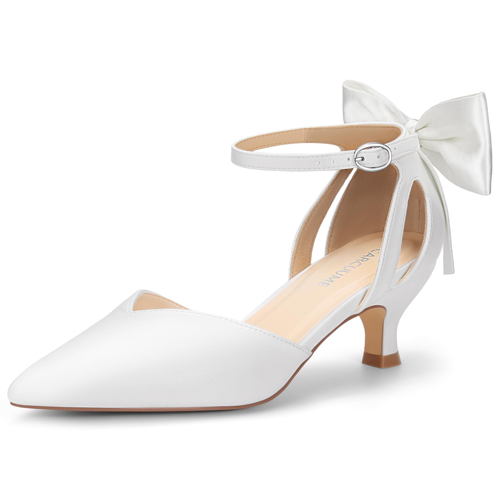 Photo 1 of Carcuume Women's Kitten Heels with Bow Closed Toe Pumps Ankle Strap Wedding Shoes, Beni-White PU-10