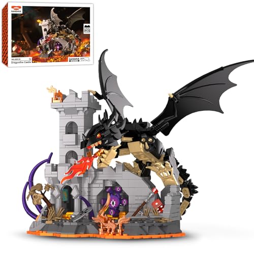 OWNONE 1 Dragon Building Set with Dice Tower 919 PCS Flaming Medieval Castle Building Blocks Set Fantasy Model Kit Home Decor Birthday Gift for Adults Teens Kids Boys 8+