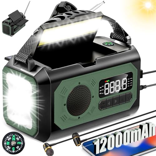 Radio de emergencia de 12000 mAh, manivela portátil, radio solar AM/FM/NOAA con 2 paneles solares, 3 métodos de carga,...