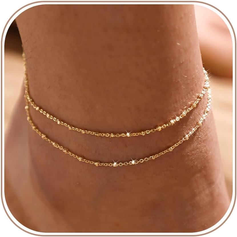 Gold/Silver Ankle Bracelets for Women,14K Gold Anklets for Women Waterproof Cuban Link Heart Beads Herringbone Rhinestone Anklets Set Layered Anklet Bracelets for Women Gold Jewelry Gift