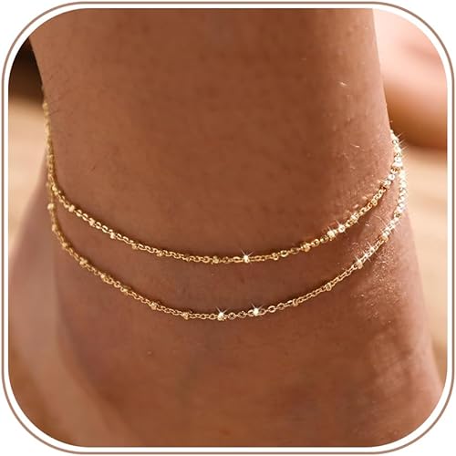 MIDEEO Gold/Silver Ankle Bracelets for Women,14K Gold Anklets for Women Waterproof Cuban Link Heart Beads Herringbone Rhinestone Anklets Set Layered Anklet Bracelets for Women Gold Jewelry Gift