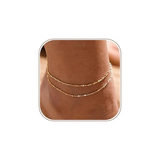MIDEEO Gold/Silver Ankle Bracelets for Women,14K Gold Anklets for Women Waterproof Cuban Link Heart Beads Herringbone Rhinestone Anklets Set Layered Anklet Bracelets for Women Gold Jewelry Gift