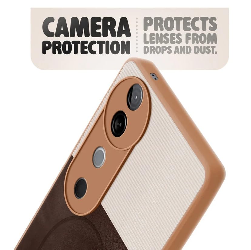 Image of Bintage CASE Mac Safe Design Hard Light Weight Back Case | Soft Border Camera Protect | Dual PU Leather Finish Back Cover Compatible for V40 PRO 5G /Vivo T3 Ultra - White & Cherry Brown