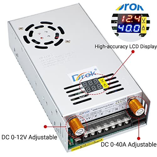 Image of DROK 12V Power Supply, AC 110V 220V to DC 0-12V 0-40A 480W Buck Converter, Volt Amp Adjustable Adapter Regulated 5V 9V 12Volt Switching Voltage LED Transformer Charger for Computer CCTV Lab