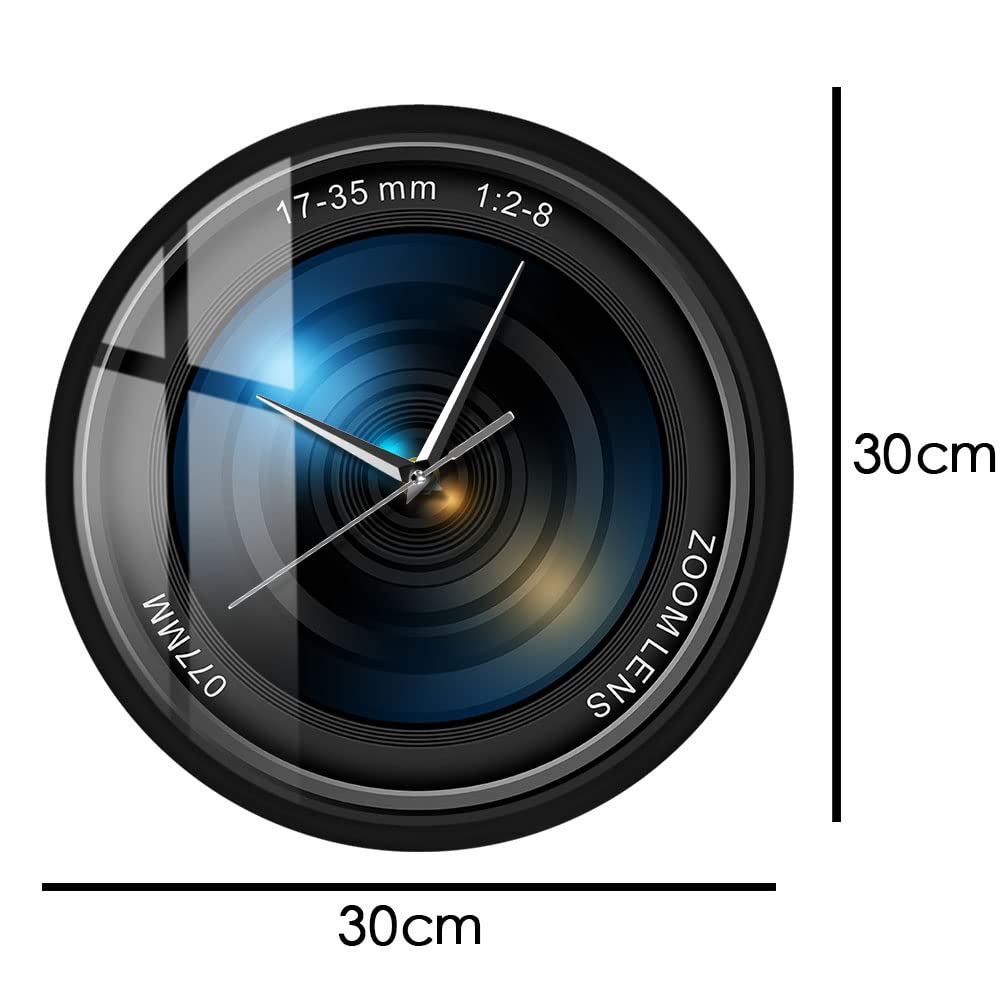 Timethink Camera Lens Metal Frame Round Clock, Silent Non-Ticking Battery Operated Photography Pictures Images Indoor Decorative Wall Clock with Metal Frame for Home Office School Living Room Bedroom