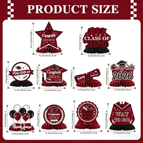 Image of Graduation Decorations 2026, 10PCS Graduation Centerpieces for Table Maroon Black Graduation Party Decorations Class of 2026 Congrats Grad Honeycomb Centerpieces Table Decor Graduation Party Supplies