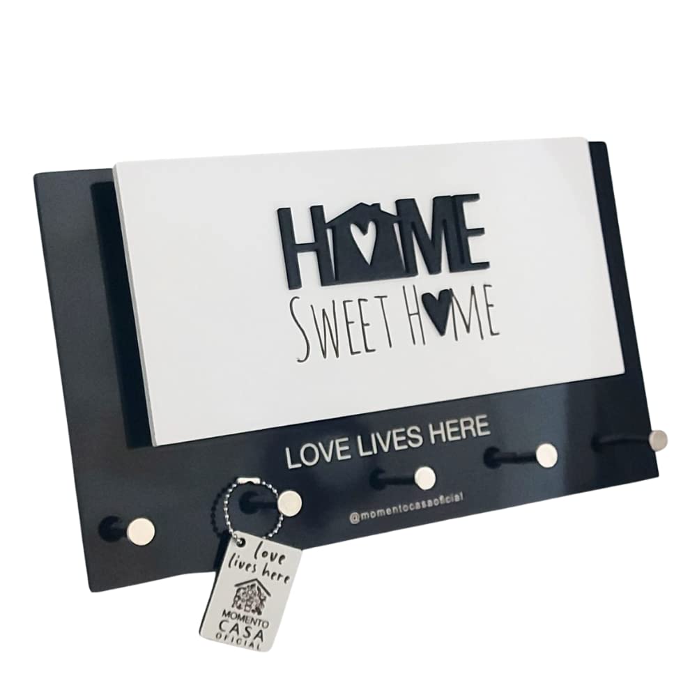 MOMENTO CASA Key Holder and Mail Organizer Home Sweet Home, 9.84" L x 1.18" W x 5.90" H, Wall Mounted, Black and White
