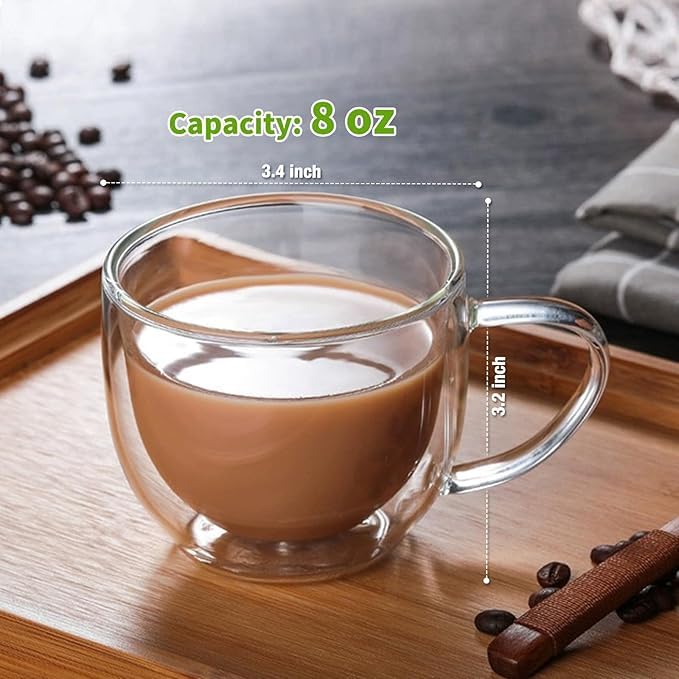 Image of PrimeWorld Double Walled Glass Coffee Mugs - Set of 2, 250ml | Hand-Blown Insulated Glass Cups with Handle | Clear Heat Resistant Mugs for Cappuccino, Latte, Americano, Tea & Beverages