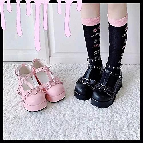 Image of Women's Platform Mary Janes Heart Cat Buckle Rivets Ankle Lolita Gothic Princess Platform Pumps Patent Leather Thorn Vintage Traditional Embroidery Upper Dress Shoes