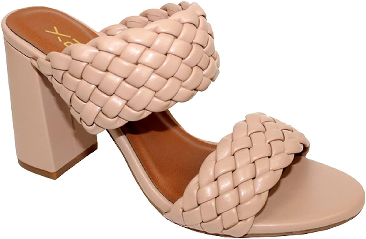 X2B Womens Braided Heeled Sandals Open Toe Block Strappy Slip On Slide Shoes Nude 6.5