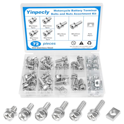 Yinpecly 72PCS Motorcycle Battery Terminal Bolts and Nuts Kit M6x10/12/14/16/18/20mm 304 Stainless Steel Motorcycle Battery Bolts with Square Nuts for ATV Bike Scooter Motorcycle