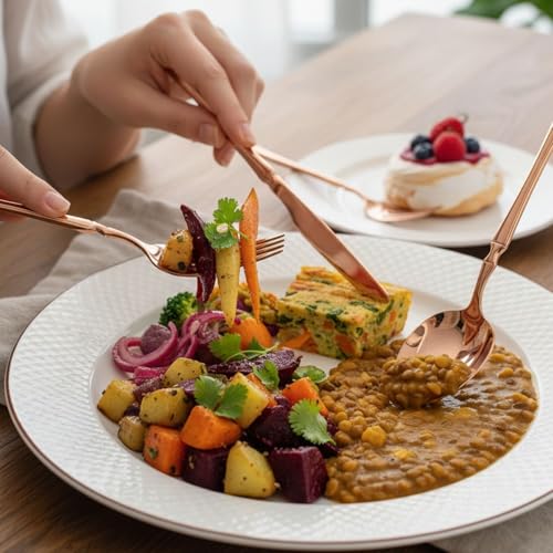 Image of 25 Pcs Rosegold Cutlery Set for Dining Table the Perfect Lightweight Silim Handle Tableware Including Dinner Spoon, Dinner Fork, Dinner Knife, Dessert Spoon & Dessert Fork