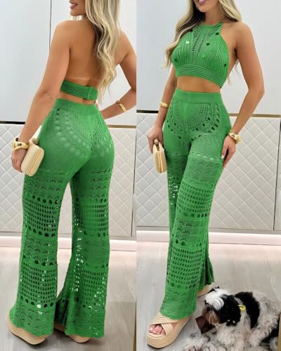 ChicMe Womens Crochet Cover-ups 2 Pieces Halter Sleeveless Crop Top and Casual Hollow-out Loose Fit Pants Set4