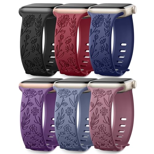 Image of SNBLK 6 Pack Floral Engraved Bands Compatible with Apple Watch Bands 40mm 41mm 42mm 38mm 44mm 45mm 46mm 49mm Women Men, Silicone Flower Pattern Strap for iWatch Series 11 10 Se Ultra 9 8 7 6 5 4 3 2 1