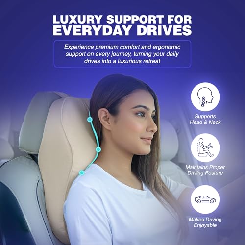 Image of WELLGIVER Orthopedic Memory Foam Car Neck Rest Pillow - Cervical Support Cushion for Neck Pain Relief, Adjustable Strap - Universal Fit for All Cars | Beige Velvet