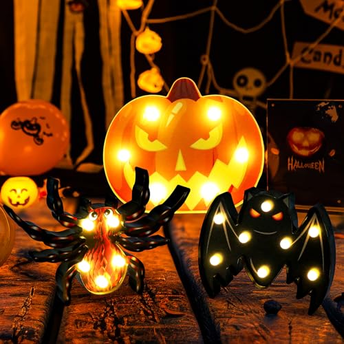 Halloween Decorations Indoor,3 Pack Halloween Theme LED Light Up,Cute Pumpkin Bats Spiders with Light for Home Kitchen Bedroom Wall Table Halloween Decor (Battery Powered)