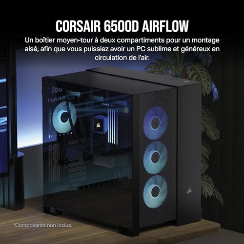 CORSAIR 6500D Airflow Boîtier PC ATX Mid-Tower - Pas de Ventilateurs Inclus - Design à Double Chambre - Compatible avec Les Cartes Mères à Connexion Inversée - Noir