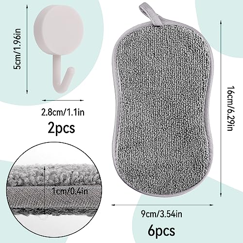Spülschwamm waschbar, 6 Stück Küchenschwamm mit 2 Haken, Schwamm Küche Mikrofaser, Putzschwämme Doppelseitenschwämme, Reinigungsschwamm Geschirrschwamm für Reinigung bei Hartnäckigem Schmutz（Grau）